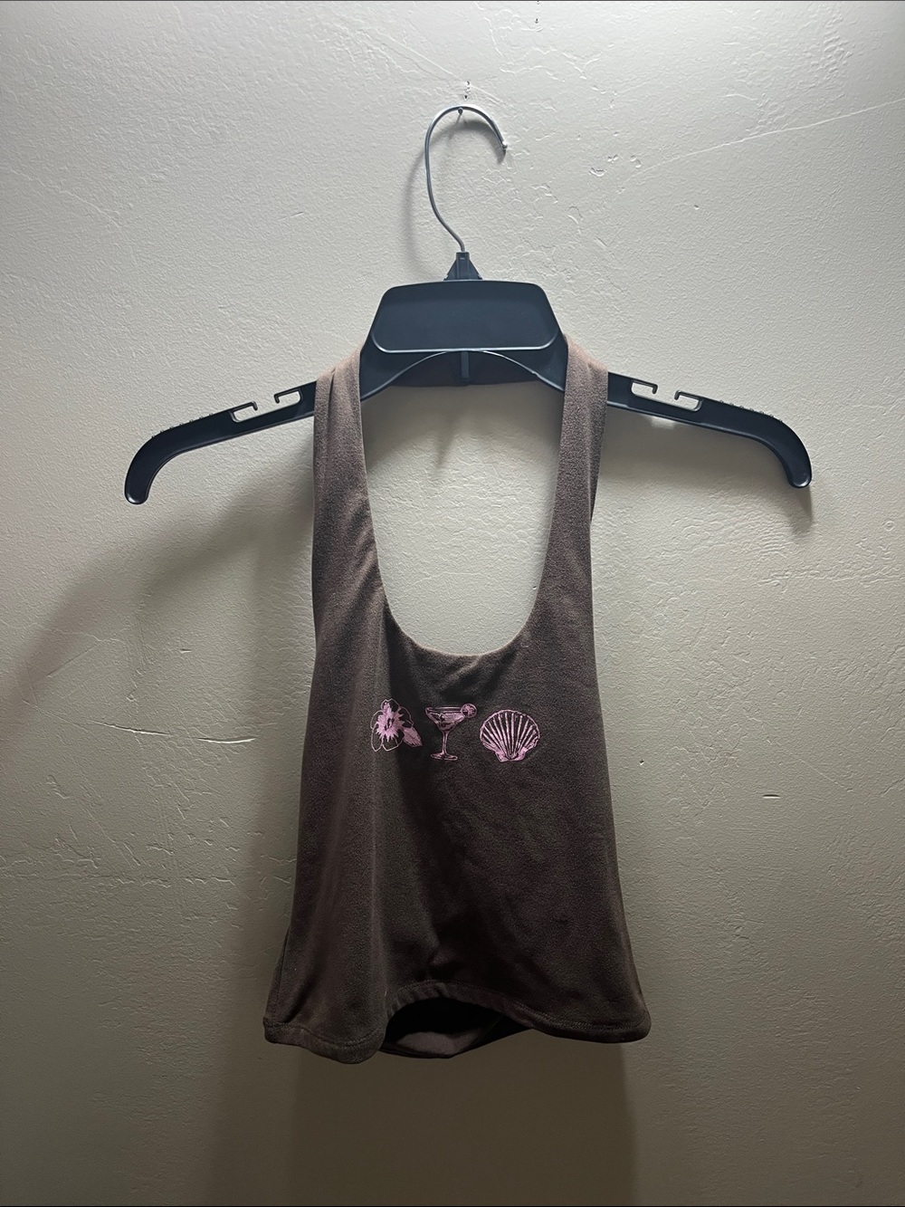Brown Women's Tank Top with Pink Embroidery